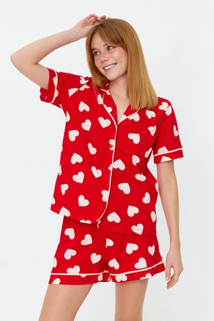 Trendyol Red 100% Cotton Heart Patterned Piping Detailed Shirt-Shorts Knitted Pajama Set