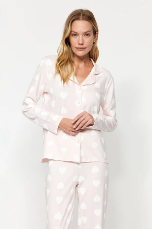 Trendyol Premium Powder 100% Cotton Heart Puff Patterned Shirt-Pants Knitted Pajamas Set