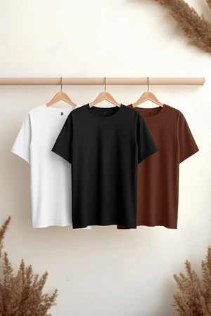 Trendyol Black-Brown-White Slim/Slim Cut Crew Neck 100% Cotton 3-Pack T-Shirt