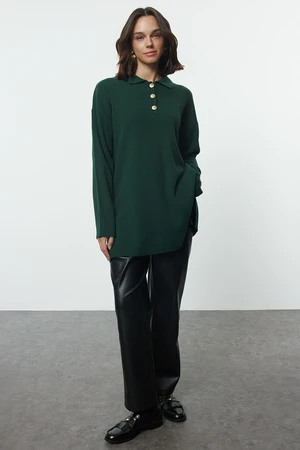 Trendyol Emerald Green Shirt Collar Button Detailed Ribbed Knitted Sweater