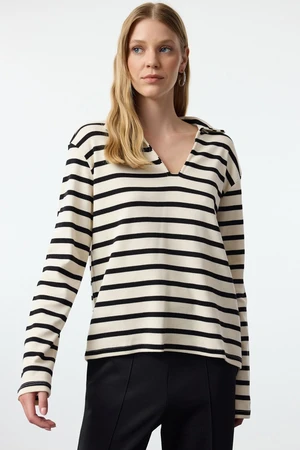 Trendyol Ecru Polo Neck Relaxed/Comfortable Fit Striped Knitted Sweatshirt