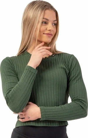 Nebbia Organic Cotton Ribbed Long Sleeve Top Dark Green S T-shirt de fitness