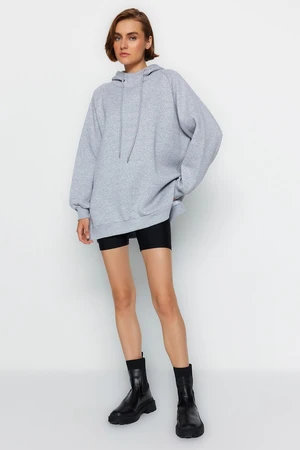 Trendyol Gray Hooded Oversize Raising Knitted Sweatshirt