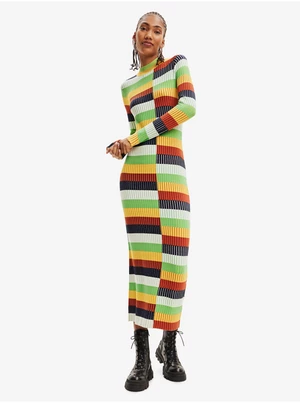Yellow-green women's striped sweater dress Desigual Sico