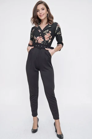 By Saygı Collar, Double Breasted Rose Patterned Belted Half Sleeves, Pockets Knitted Crepe Jumpsuit Black.