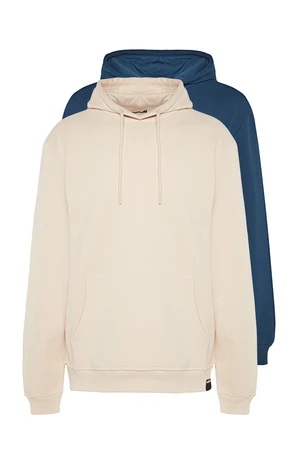 Trendyol Navy Blue-Beige Men 2-Pack Basic Regular/Normal Cut Hoodie with Soft Pillows Sweatshirt.