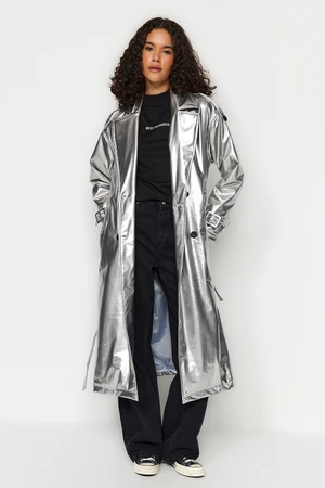 Trendyol Silver Belted Shiny Trench Coat