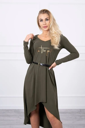 Dress with a decorative belt and khaki inscription