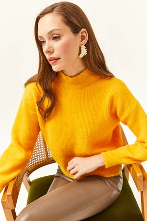 Olalook Women's Yellow Half Turtleneck Soft Textured Bearded Knitwear Sweater