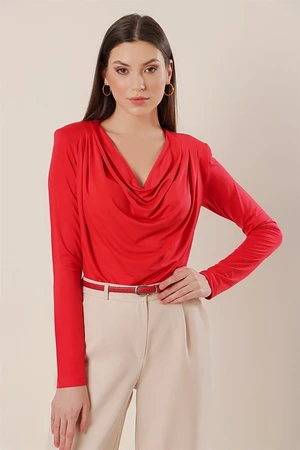 By Saygı Plunger Collar Shoulder Pleated Lycra Blouse Red