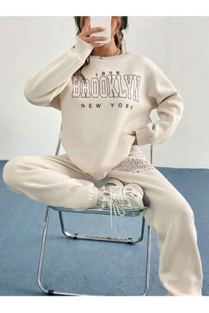 Know Women's Beige 1898 Brooklyn Printed Oversized Bottoms and Tops Tracksuit Set