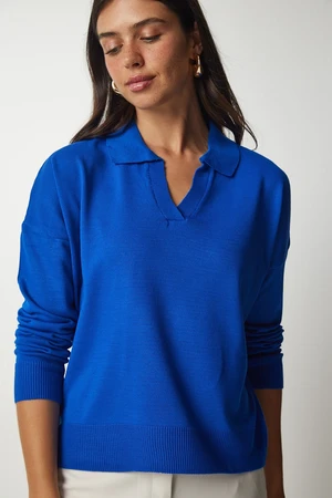 Happiness İstanbul Women's Blue Polo Collar Basic Sweater