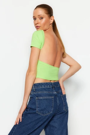 Trendyol Light Green Decollete Crop Cotton Stretch Knitted Blouse