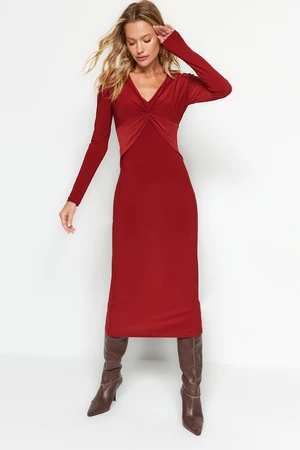 Trendyol Tile V-Neck Shirring Detailed Bodycone/Flexible, Fitted Midi Knit Dress