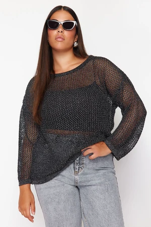 Trendyol Curve Black Lurex Boat Neck Openwork/Hole Knitwear Sweater