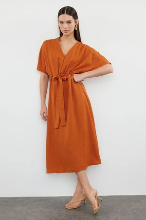 Trendyol Brown Belted A-Line/A-Line Midi Woven Dress