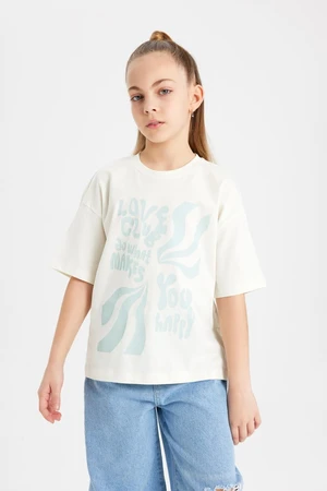 DEFACTO Girl Relax Fit Crew Neck Printed Short Sleeve T-Shirt