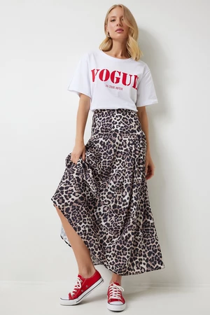 Happiness İstanbul Women's Black Beige Leopard Patterned Flounce Summer Poplin Skirt