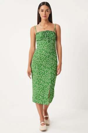 Happiness İstanbul Women's Vivid Green and White Floral Slit Summer Knitted Dress