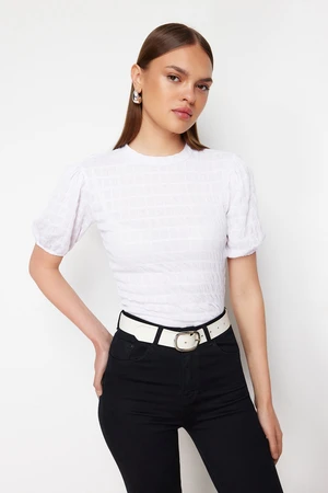 Trendyol White Premium Textured Crop Stand Collar Flexible Balloon Sleeve Knitted Blouse