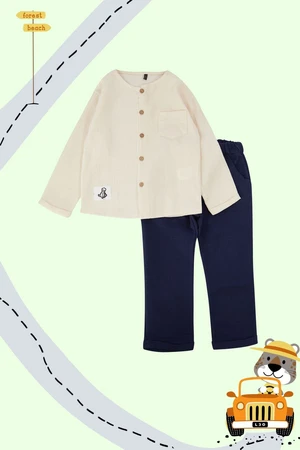 Trendyol Stone Boy Pocket Long Sleeve Shirt-Pants Set Cotton Knitted Bottom-Top Set