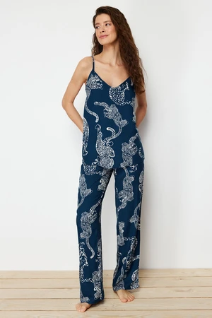 Trendyol Blue Tiger Patterned Rope Suspender Viscose Woven Pajama Set