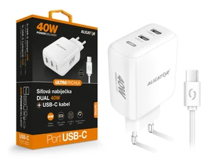 Aligator chytrý síťový adaptér, Power Delivery 40W, 2xUSB-C, USB-C/USB-C kabel, bílá