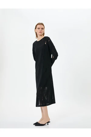 Koton Midi Openwork Dress Crew Neck Long Sleeve