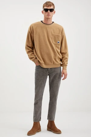 GRIMELANGE Thompson Men's Fleece Thick Textured Light Brown Sweatshirt with Pocket And Ornamental Labe