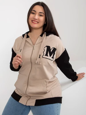 Beige and black plus size zip-up sweatshirt with patch