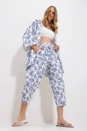 Trend Alaçatı Stili Women's Blue Patterned Kimono With Jacket And Trousers Linen Woven Bottom Top Suit