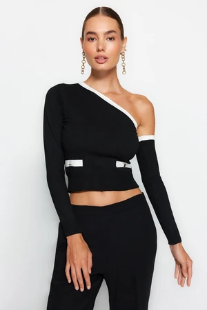 Trendyol Black Crop One Shoulder Sleeve Detachable Premium Yarn/Special Yarn Knitwear Sweater