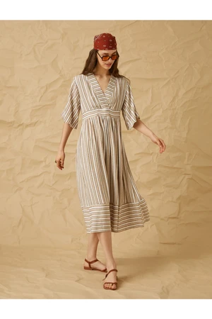 Koton V-Neck Striped Long Dress with Short Flowy Sleeves