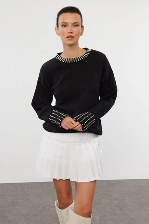 Trendyol Black Soft Textured Stone Embroidered Knitwear Sweater