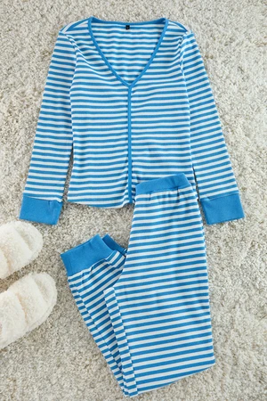 Trendyol Light Blue Striped Cuff and Piping Detailed Tshirt-Jogger Knitted Pajama Set