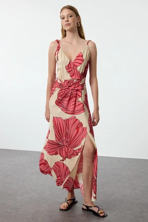 Trendyol Pomegranate Blossom Floral Patterned Double Breasted Slit Detailed Maxi Woven Dress