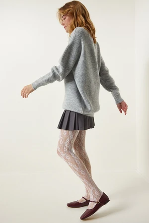 Happiness İstanbul Light Gray Oversize Long Basic Knitwear Sweater