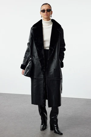 Trendyol Black Oversize Wide Cut Belted Fur Collar Detail Long Faux Leather Coat