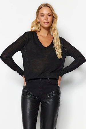 Trendyol Black V Neck Linen Look Long Sleeve Regular Fit Knitted Blouse