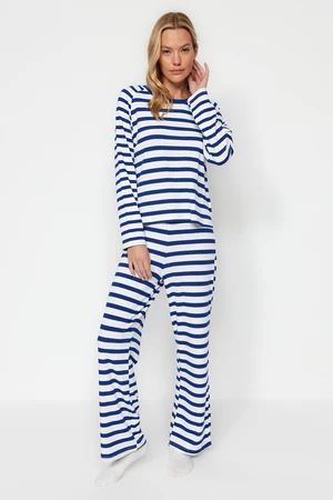 Trendyol Navy Blue-White Striped Cotton Corduroy Tshirt-Pants Knitted Pajama Set