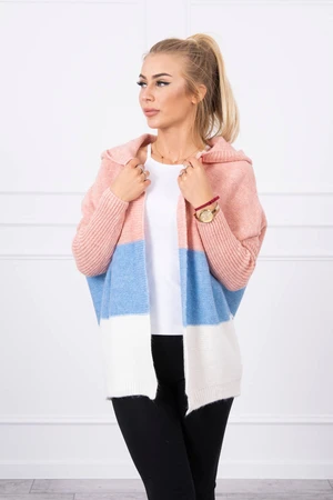 Tri-color hooded sweater powder pink+cyan+ecru