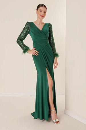 By Saygı Double Breasted Neck Front Draped Sleeves Sequined Feather Detailed Lined Lycra Long Dress