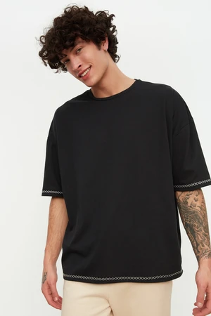 Trendyol Black Oversize/Wide-Fit Crew Neck Short Sleeve Embroidered 100% Cotton T-Shirt