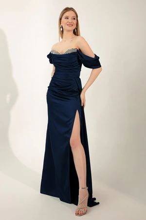 Lafaba Women's Navy Blue Boat Neck Slit Long Satin Evening Dress.