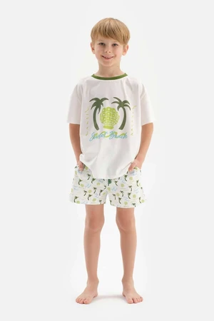 Dagi White Palm Printed Crew Neck Short Sleeve T-Shirt, Shorts Pajamas Set.