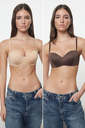 Trendyol Brown-Dark Skin 2-Pack Rope Strapless Padded Full Cup Balconet Knitted Bra