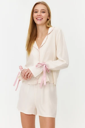 Trendyol Ecru Tie/Ribbon/Bow and Piping Detailed Viscose Woven Pajama Set