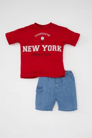 DEFACTO Baby Boy 2-Piece Set Crew Neck Printed Short Sleeve T-Shirt Jean Shorts