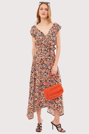 armonika Women's Orange Efta Dress Back And Front Double Double Breasted Belted Patterned Midi Length