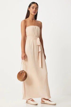 Happiness İstanbul Women's Cream Strapless Belted Pleated Dress